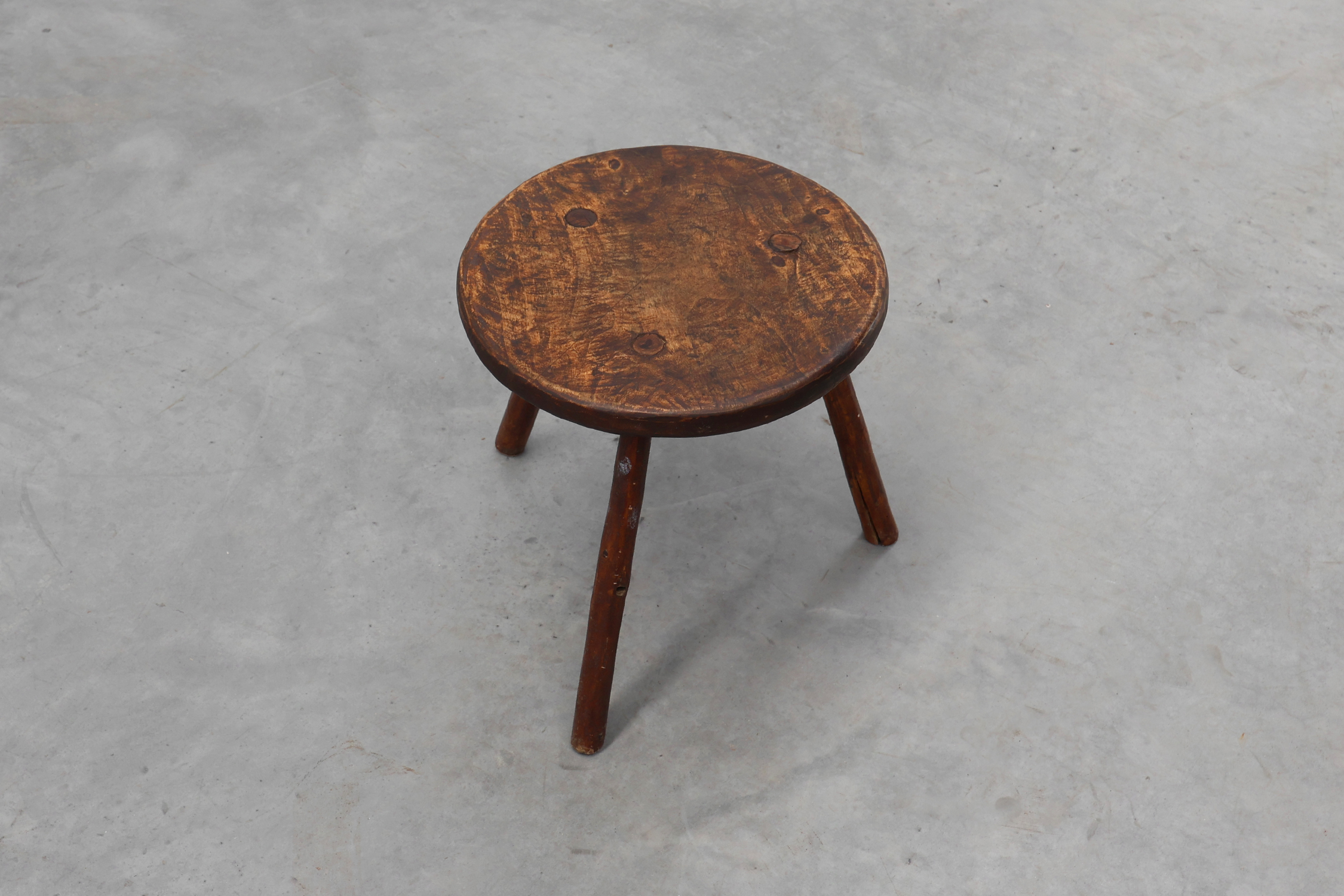 Rustic French wooden stool in wabi sabi style, ca. 1850thumbnail